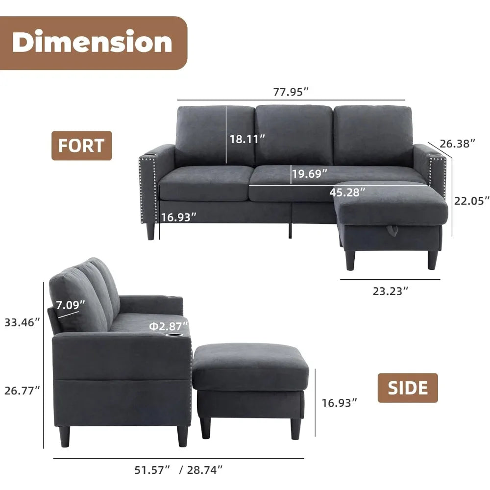 Sofás seccionales convertibles para sala de estar, sofá en forma de L, sofás de 3 plazas con chaise longue con espacio de almacenamiento y 2 portavasos, muebles para el hogar