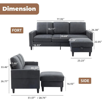 Sofás seccionales convertibles para sala de estar, sofá en forma de L, sofás de 3 plazas con chaise longue con espacio de almacenamiento y 2 portavasos, muebles para el hogar