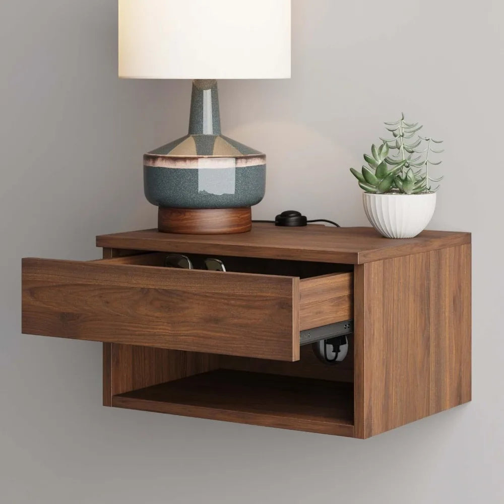 Jackson Modern Floating Bedside Nightstand with Drawer, 1, Brown Walnut