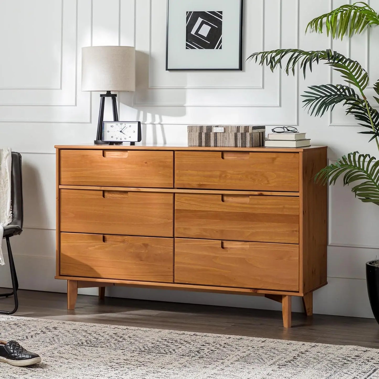 Commode en bois à poignée rainurée moderne du milieu du siècle, rangement de chambre à coucher, tiroir, organisateur de placard, couloir, 6 tiroirs