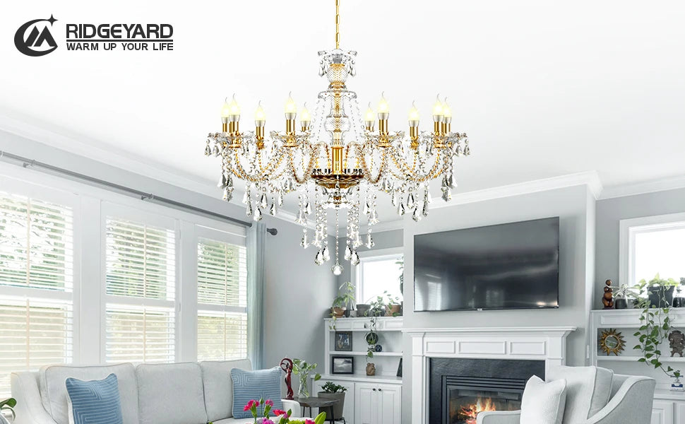 Elegant Glass Crystal Chandelier Ceiling Pendant Lighting Decor 10-Light Golden Hanging Lamp For Living Room Bedroom Room Lobby