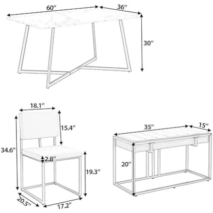 Juego de mesa de comedor de 6 piezas, juego de mesa de cocina de metal con 4 sillas de comedor y banco, juego de comedor moderno de imitación de mármol