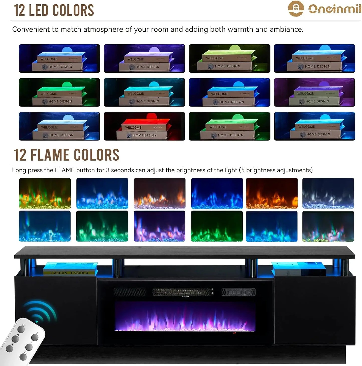 Mueble de TV con chimenea oneinmil con chimenea eléctrica de 36", centro de entretenimiento con luz LED, consola de TV de 2 niveles para televisores de hasta 80"