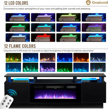 Mueble de TV con chimenea oneinmil con chimenea eléctrica de 36", centro de entretenimiento con luz LED, consola de TV de 2 niveles para televisores de hasta 80"