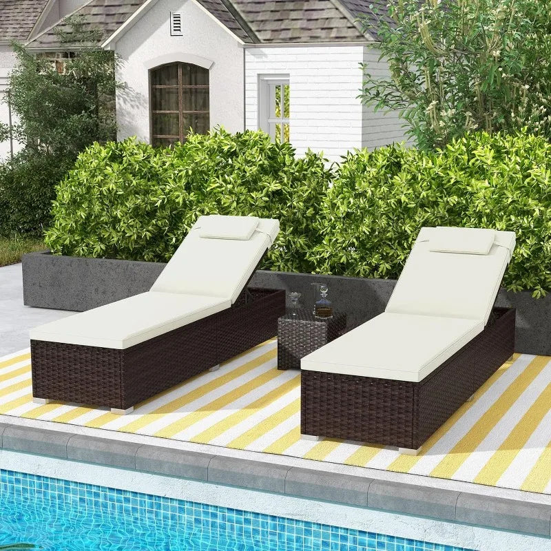 Ensemble de 2 chaises longues de patio, chaise longue d'extérieur en rotin avec dossier à 6 niveaux, coussin de siège confortable et appui-tête, chaise de plage