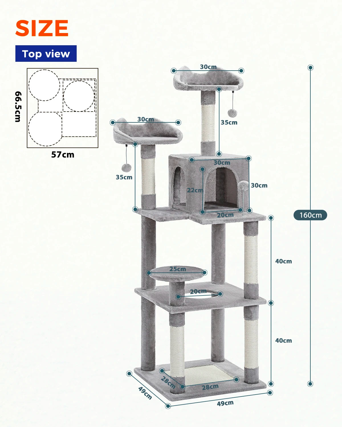 H160CM Multi-Level Cat Tree Tower Scratching Post for Indoor House Kitten Toy Cozy Condo Cat Hammock and Wide Top Perch 2 Colors