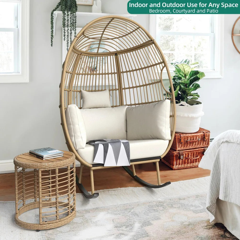 2024 New Outdoor Rocking Egg Chair, Wicker Patio Rocking Basket Chair with 370lbs Capacity,  for Indoor Living Room