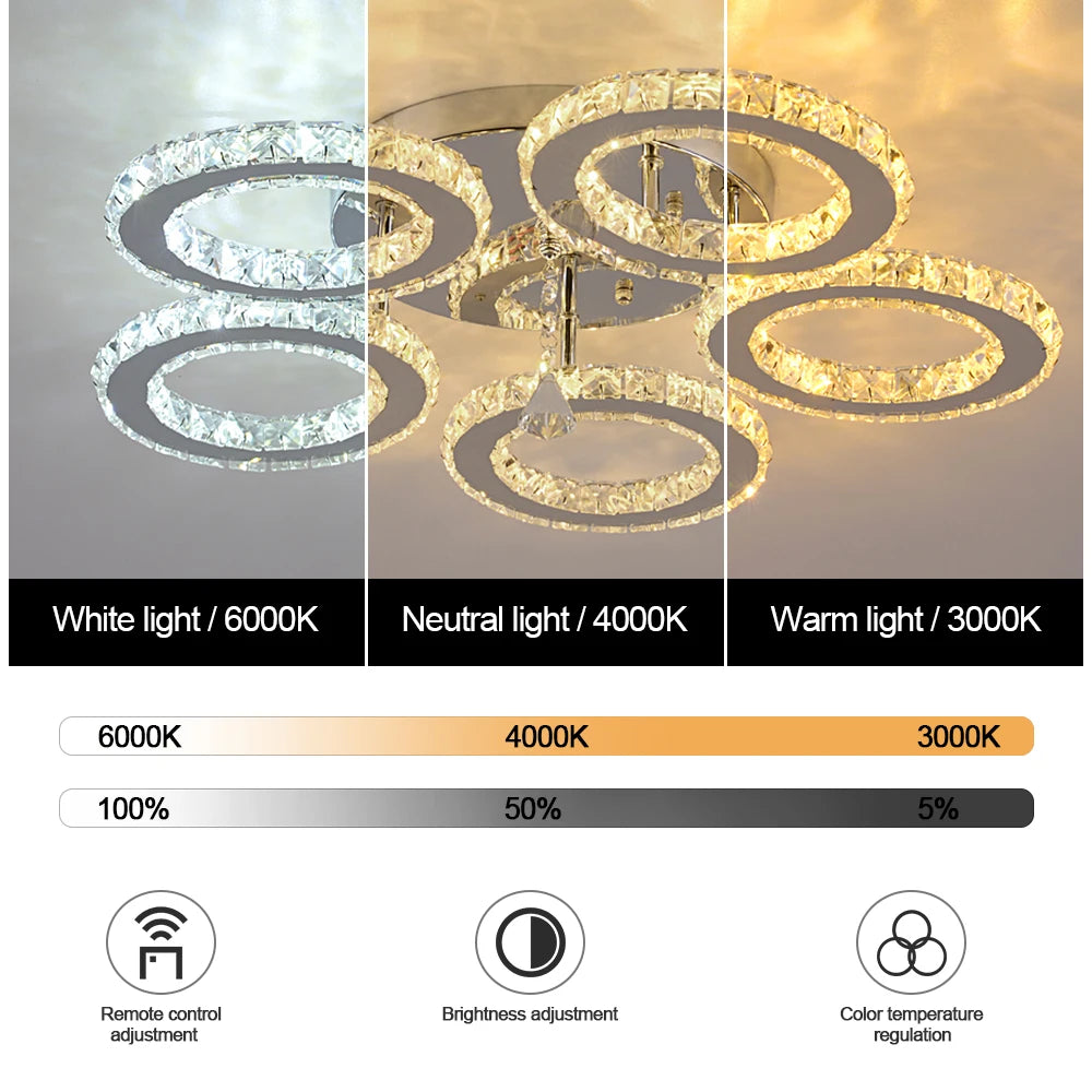 Crystal 5-Ring Fan Light Living Room Ceiling Light Stainless Steel Fixture Fandelier Plafon Fan Lamps Luminaire Led Chandelier