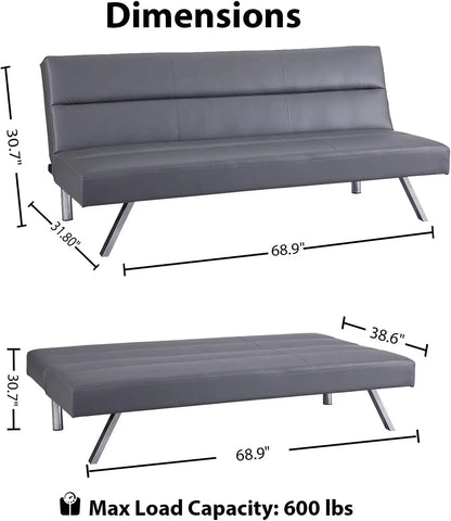 Sofa Bed Faux Leather Futon Couch Modern Convertible Folding Sofa Bed Couch with Chrome Legs, Reclining Mini Couch