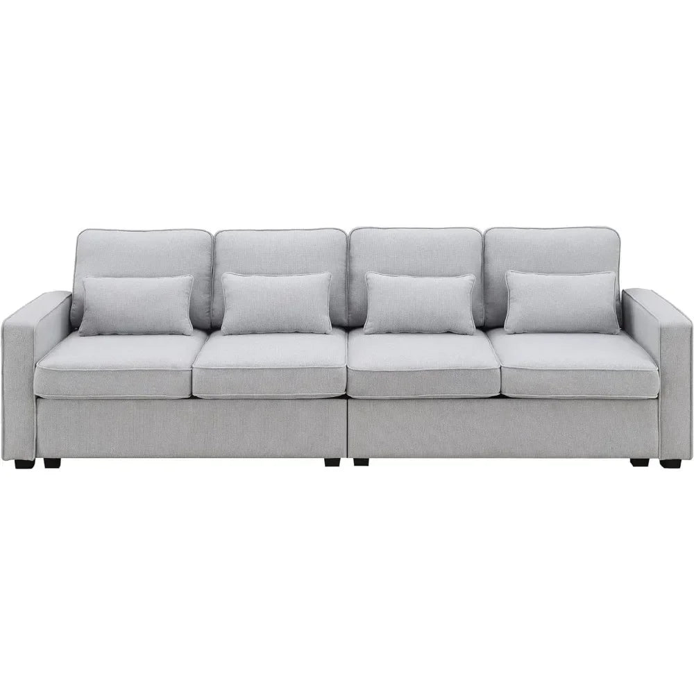 104" Linen Fabric Sofa with Armrest Pockets and 4 Pillows, Minimalist Style 4-Seater Couch for Living Room, Apartment, Gray