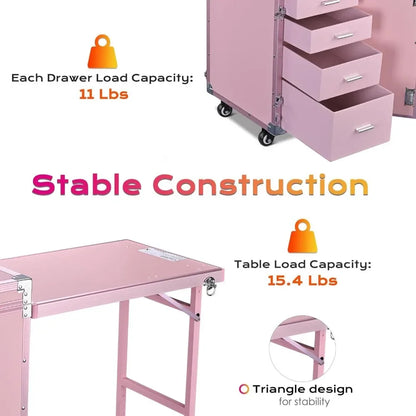 Rolling Manicure Table Foldable Nail Table Makeup Train Case with Desk Cosmetic Trolley Travel Storage Organizer with Speaker.