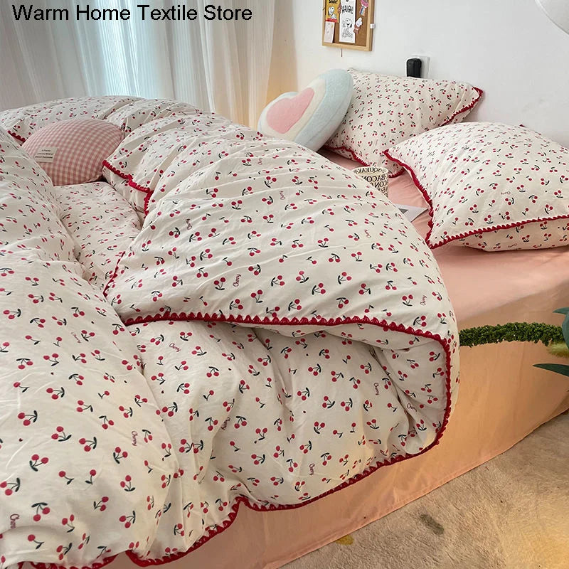 Bedding Set INS Girls Cherry  Soft Washed Cotton Bed Sheet Queen King Size Duvet Set  Comforter Set Pillowcase Bed Linens