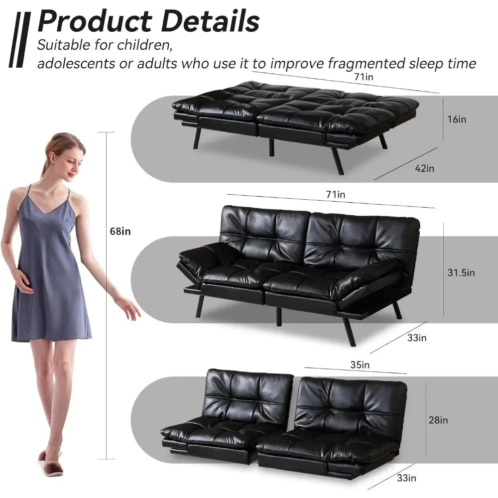 Convertible Futon Sofa Bed, Futon Couch Bed Memory Foam Loveseat,Small Sleeper Sofa Lounger For Compact Living,Black Leather