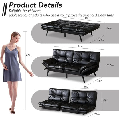 Convertible Futon Sofa Bed, Futon Couch Bed Memory Foam Loveseat,Small Sleeper Sofa Lounger For Compact Living,Black Leather