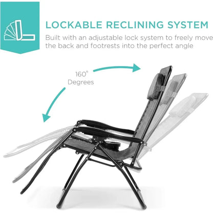 Oversized Zero Gravity Chair, Folding Outdoor Patio Lounge Recliner w/Cup Holder Accessory Tray and Removable Pillow