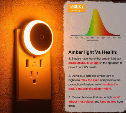 Luz de noche LED con sensor de noche inteligente, redonda, enchufable, para pared, para baño, cocina, pasillo, escalera, dormitorio