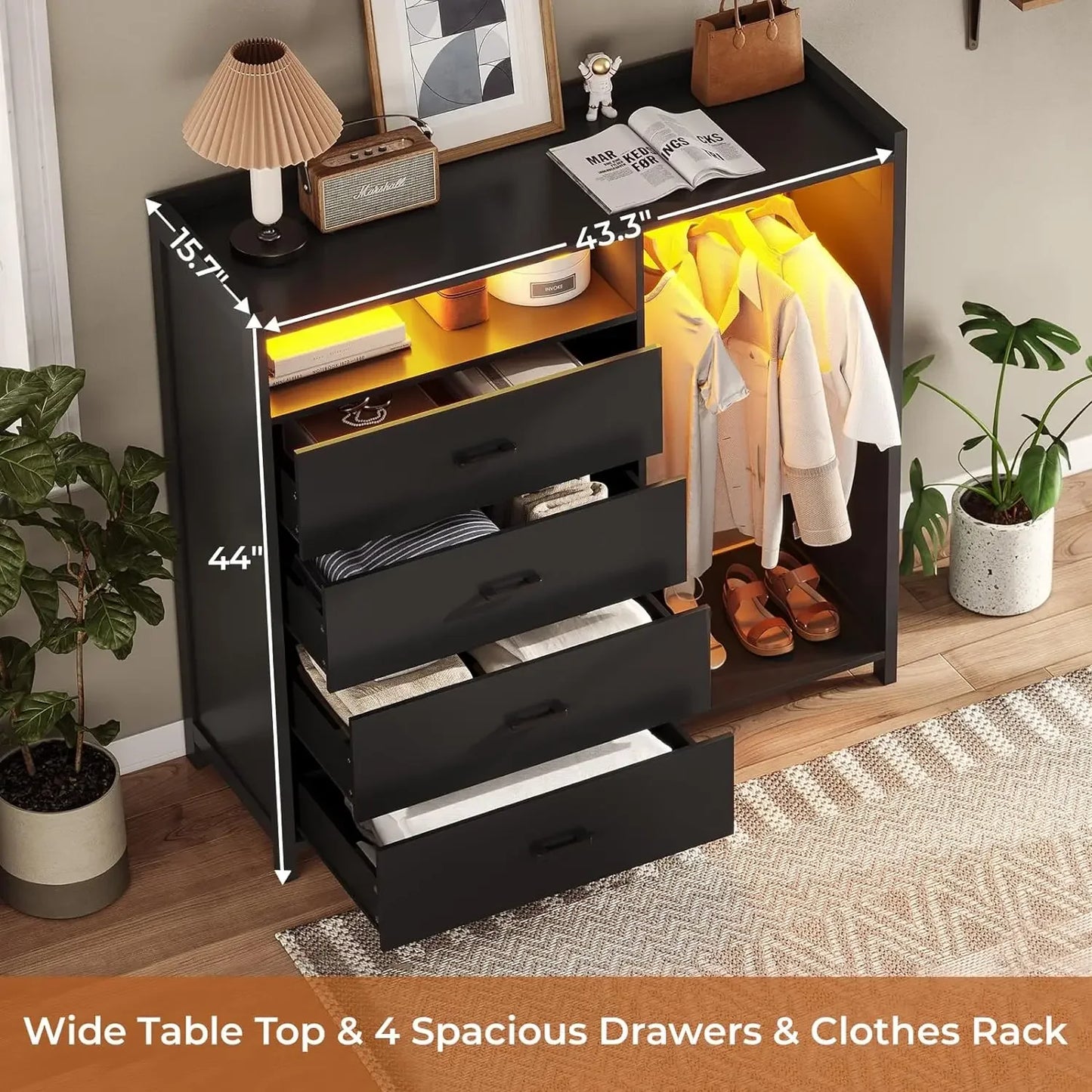 Dresser for Bedroom with Clothing Rack, Dressers& Chests of Drawers, 4 Drawer Dresser with LED Lights,Modern Long Led Dresser