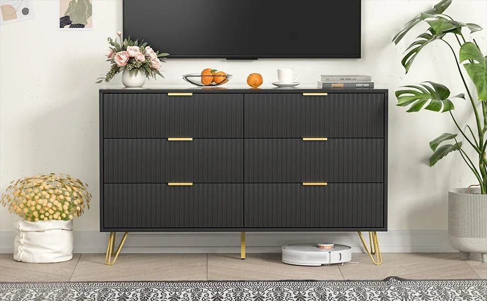 Black Dresser, Modern 6-Drawer Dresser for Bedroom with Gold Handles, Wide Chest of Drawers for Living Room