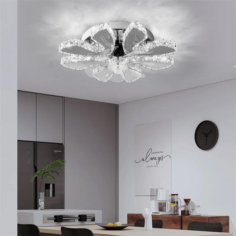 Ventilateur de plafond en cristal de luxe en acier inoxydable, lustre à LED, lampes de ventilateur de plafond chromées, luminaire de salle à manger