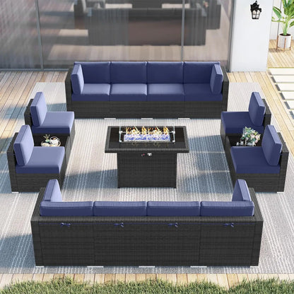 Juego de muebles de patio de 8 piezas con mesa para fogata a gas propano de 44", juego de sofá de mimbre y ratán y mesa de centro Rattan Möbel