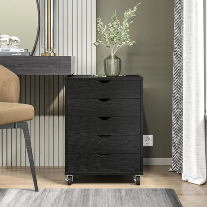 Commode à 5 tiroirs, classeur mobile avec roulettes, armoire de rangement pour bureau à domicile, noir