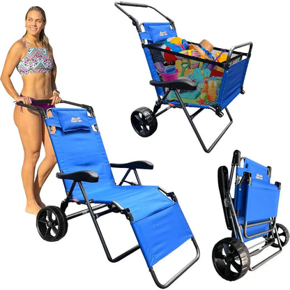 Beach Cart Chair – 2 in 1 Turns from Beach Cart to Beach Chair  Large Wheels  Easy to Use  Large Capacity Blue Striped