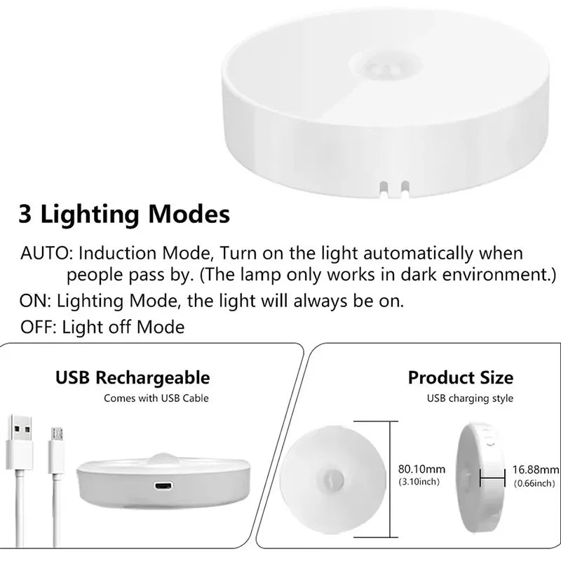 Luz nocturna LED con sensor de movimiento PIR, recargable por USB, para armario de cocina, escalera, luz inalámbrica para armario