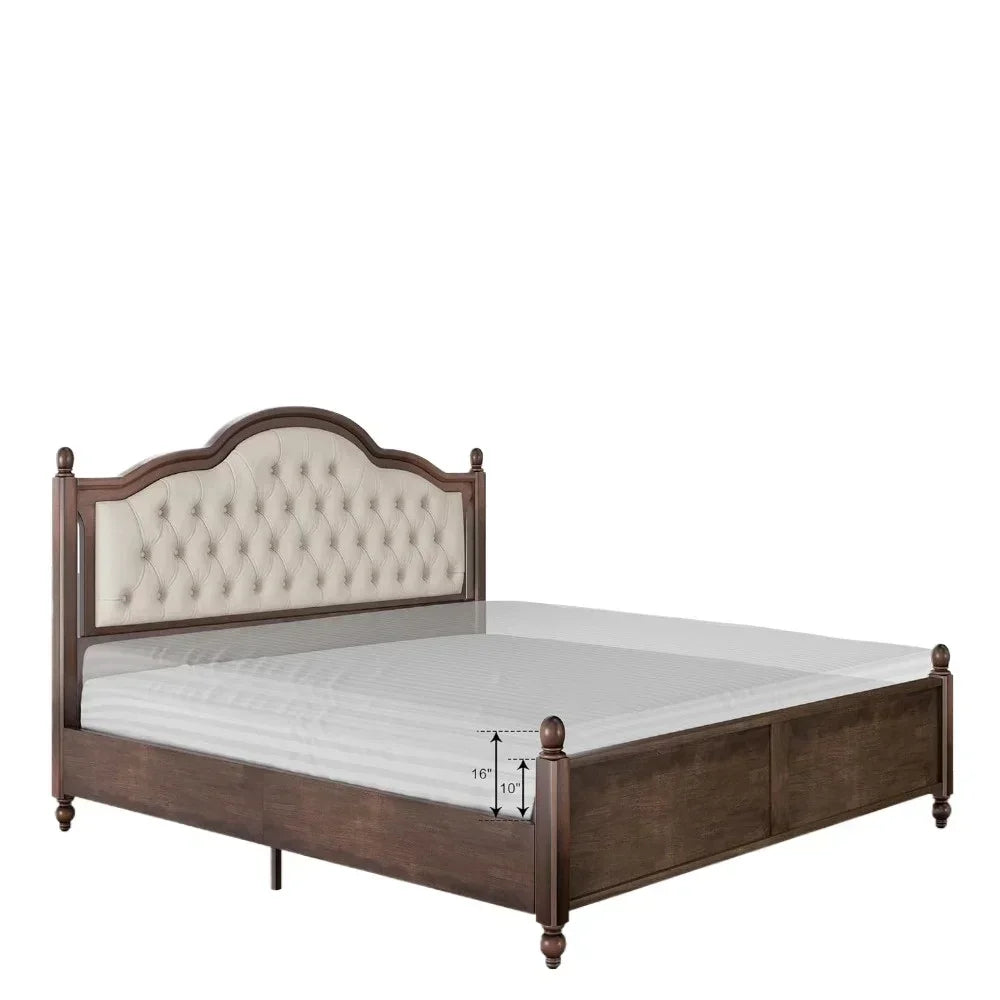 Queen Solid Wood Bed Frame with 52.5" Upholstered Tufted Headboard, Roman Column Accents No Box Spring Needed, Queen Bed Frame