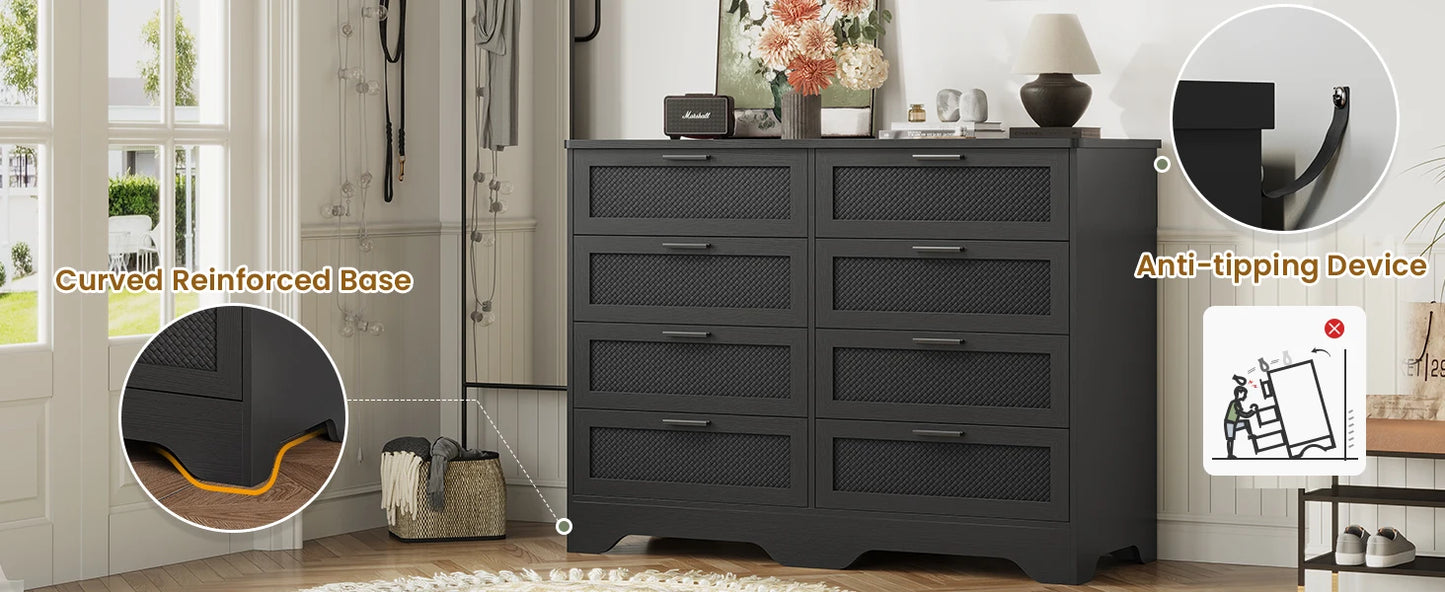 Black Dresser for Bedroom,Modern 8 Drawers Long Dresser with Woven Leather Design,Wooden Large Capacity Storage Chest of Drawers