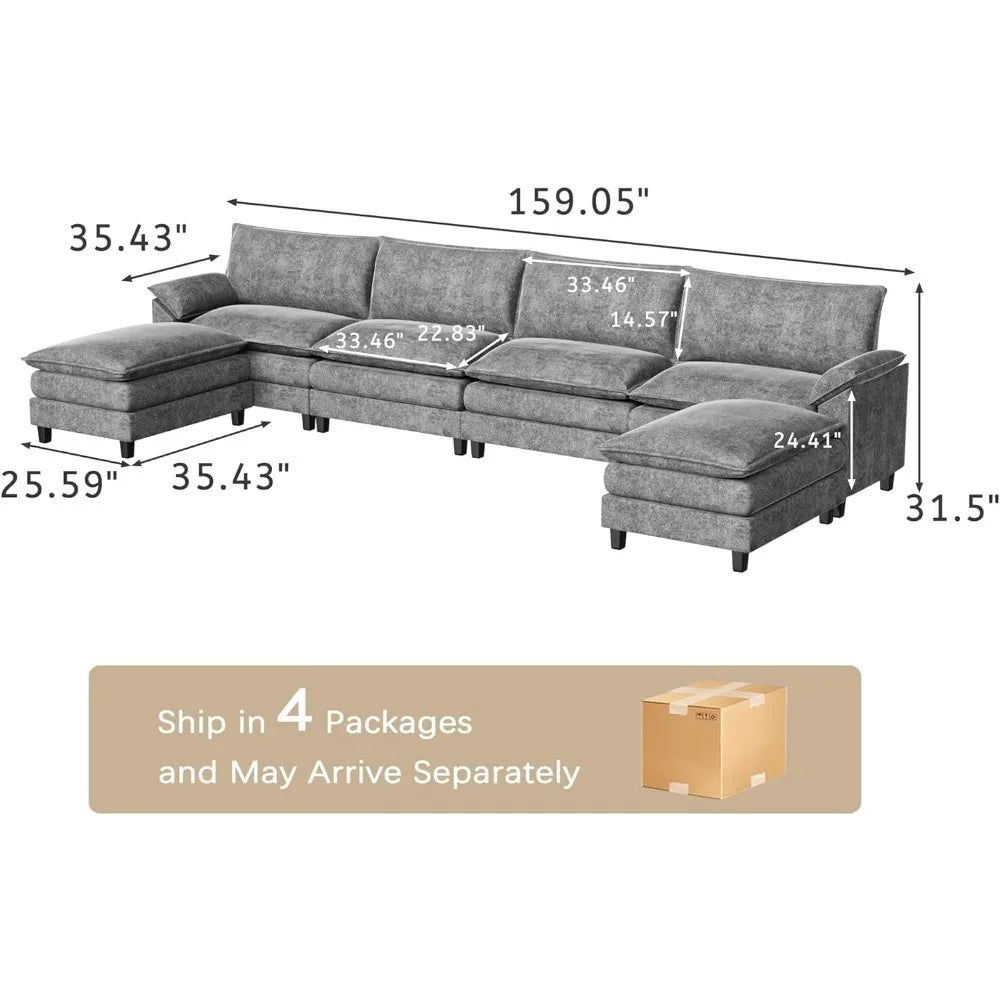 Modular Sectional Sofa Couch,U Shaped Sofa Couch with 2 Ottoman, 4-Seat Sectional Sofa Couches for Living Room, Apartment(Grey)