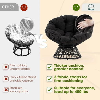 Ergonomic Wicker Papasan Chair with Soft Thick Density Fabric Cushion, High Capacity Steel Frame, 360 Degree Swivel for Living