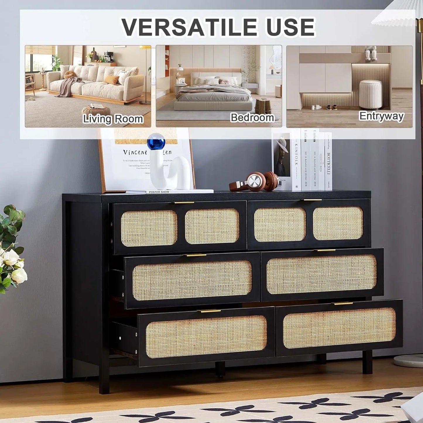 Modern Rattan 6 Drawer Dresser w/ Wide Drawers & Metal Handles, Farmhouse Wood Storage Chest of Drawers for Bedroom, Living Room