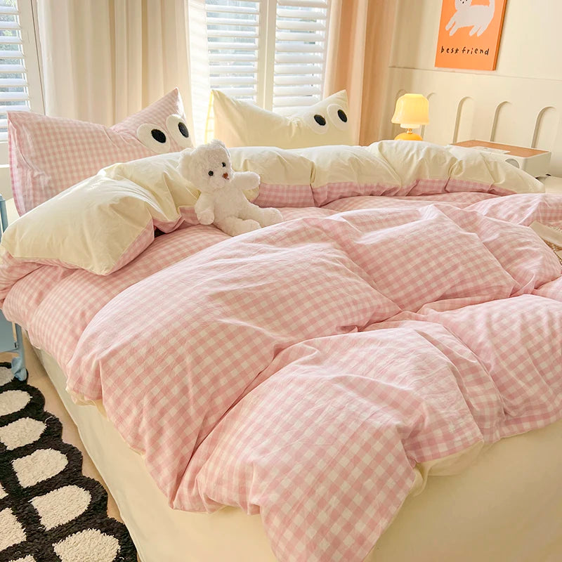 Cute Korean Big Eyes Duvet Cover Set with Sheet Pillowcase No Filler Kids Girls Pink Plaid Home Bedding Washed Cotton Bed Linen