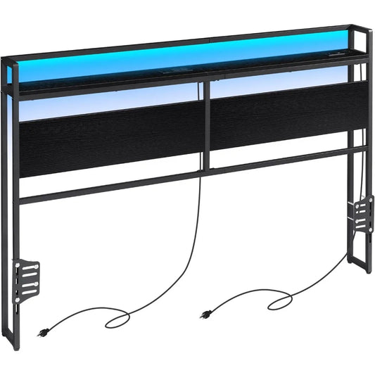 Queen Size Headboard Only with Power Outlet & Colorful LED Strip Light, Headboard for Adaptable Bed Frame Brackets Adapter