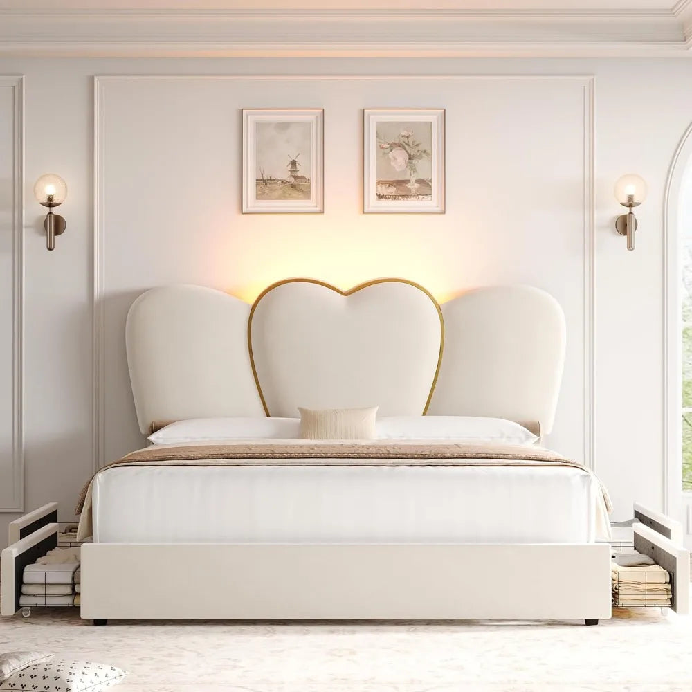 Marco de cama King con LED y 4 cajones de almacenamiento, moderna plataforma tapizada en terciopelo con cabecera alta de 55 pulgadas en forma de corazón, cama beige