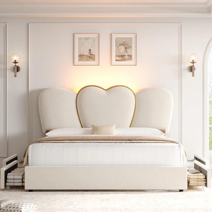 Marco de cama King con LED y 4 cajones de almacenamiento, moderna plataforma tapizada en terciopelo con cabecera alta de 55 pulgadas en forma de corazón, cama beige