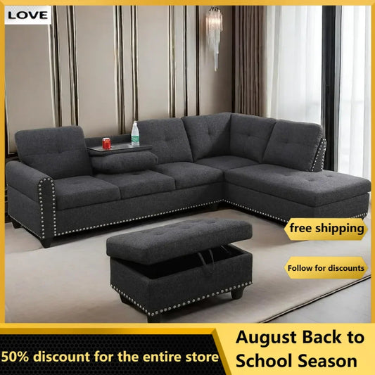 L Shaped Sofa Modern Sectional Couches for Living Room, Bedroom, Office, Dark Grey with Right Chaise