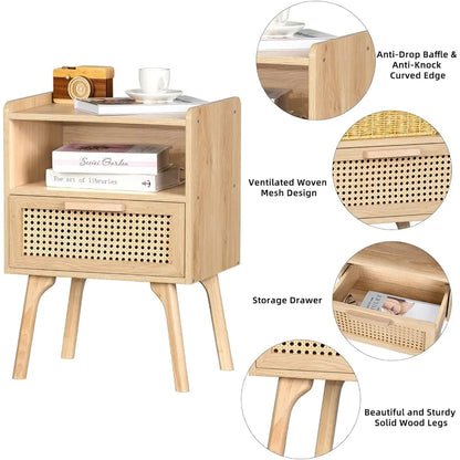 Rattan Nightstands Set of 2, Cane Accent Bedside End Table with Solid Wood Legs for Bedroom, Dorm and Small Spaces