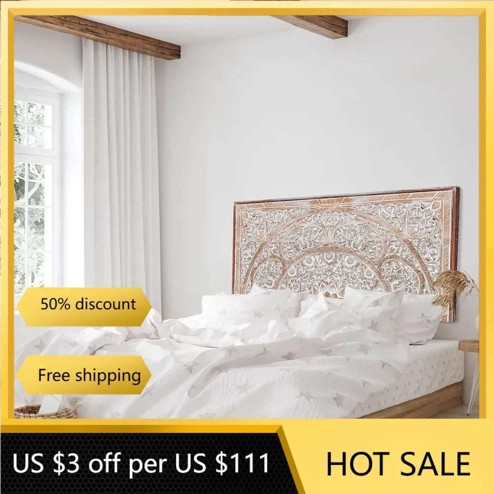 King Wood Headboard White Wash | Carved Full Headboard Only | Wooden Headboard Full Size Bed |