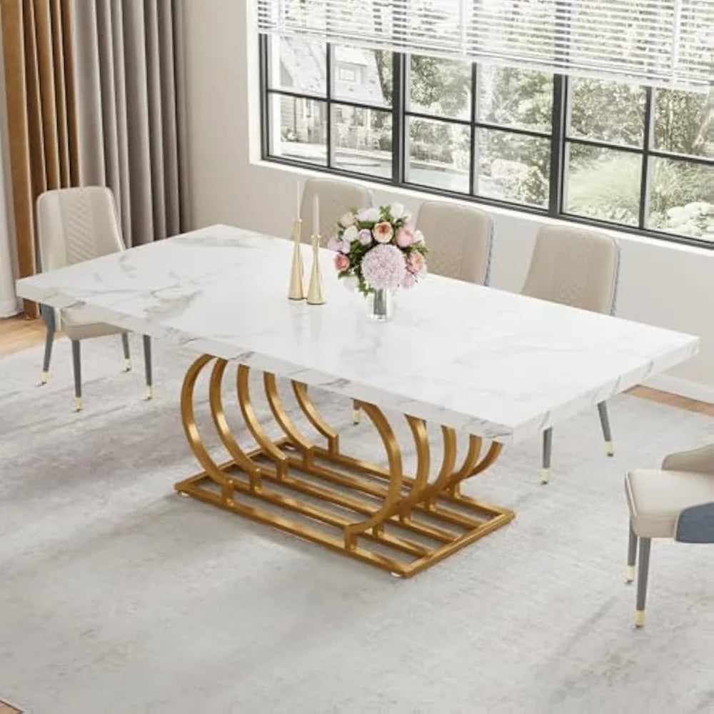 Table à manger de 71 po pour 6 personnes, table de salle à manger blanche moderne avec plateau en faux marbre, table de cuisine avec cadre géométrique