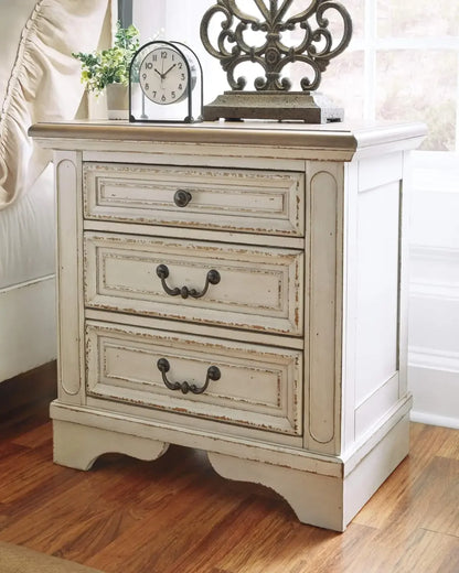 Ashley Realyn French Country Nightstand with Electrical Outlets and USB Ports, Chipped White, Signature Design, 3 Drawer