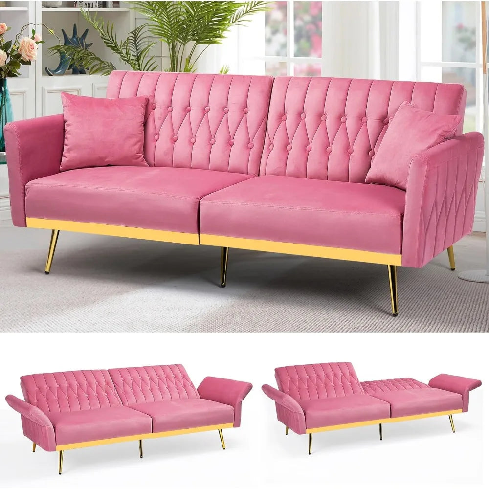 70in Velvet Futon Sofa Bed W/Adjustable Backrests and Armrests, Convertible Futon Couch with Two Pillows, Tufted Sleeper Bed