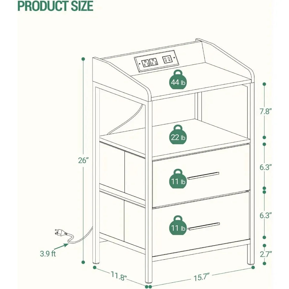 Nightstands Set of 2 with LED Lights and Charging Station,Bedside Table 2 Fabric Storage Drawers,USB Ports Power Outlets,Brown
