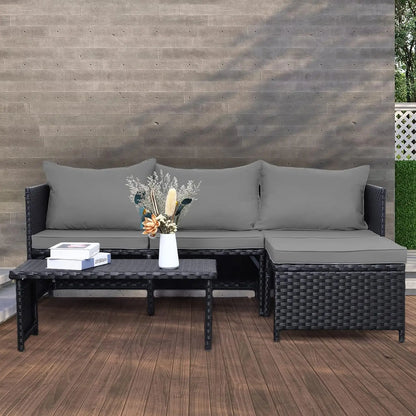 3/7-Piece Outdoor PE Rattan Furniture Set Patio Black Wicker Conversation Loveseat Sofa Sectional Couch Cushion