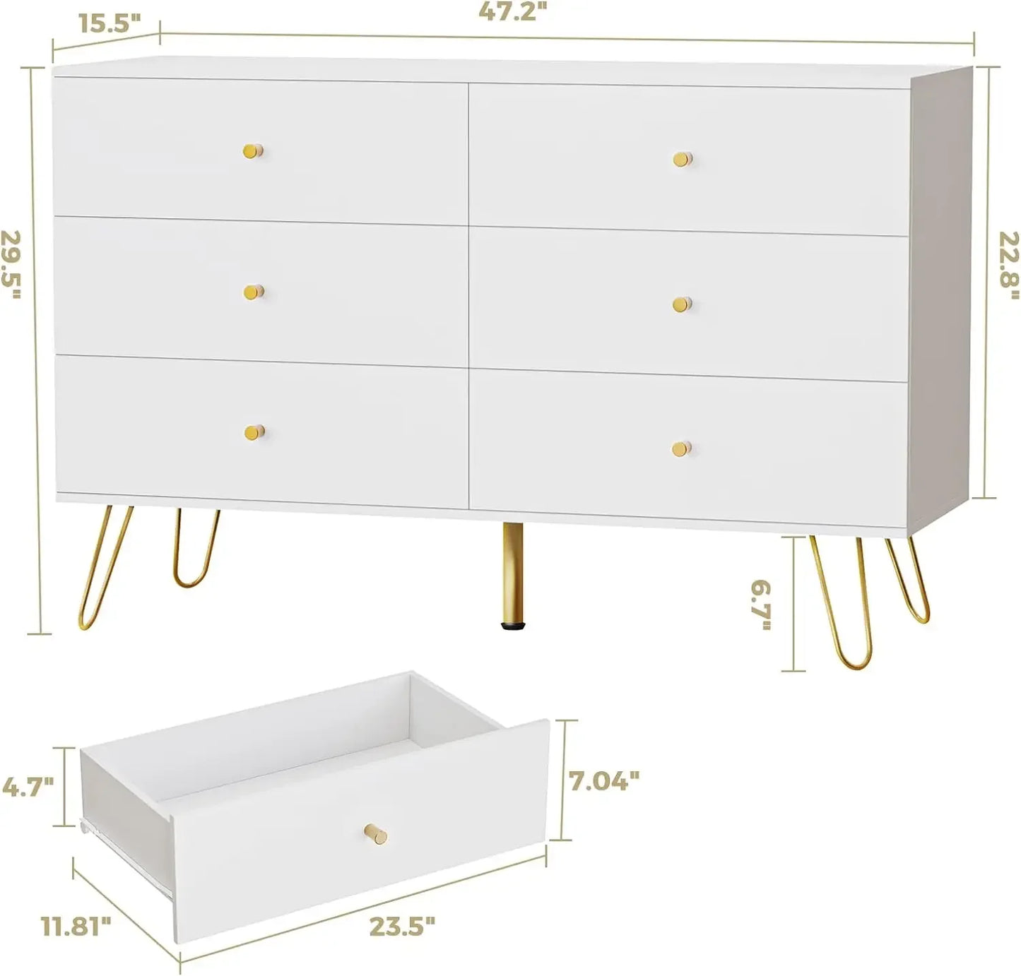 Dresser for Bedroom with 6 Drawer, Wood Dressers & chests of Drawers with Gold Knobs, Modern Storage Closet,White/Blue/Black