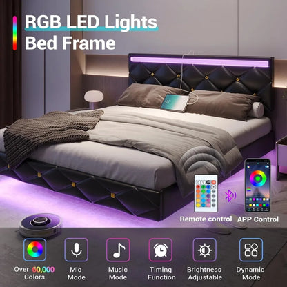 bed，Floating Bed Frame Full Size with Headboard and Charging Ports Modern Visual Full Floating Bed with Led Lights Black Faux