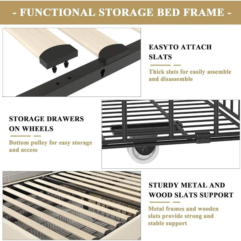 Cama de tamaño completo con plataforma acolchada y marco de cama con 4 cajones de almacenamiento, cabecera ajustable con remaches de terciopelo, cama de dormitorio