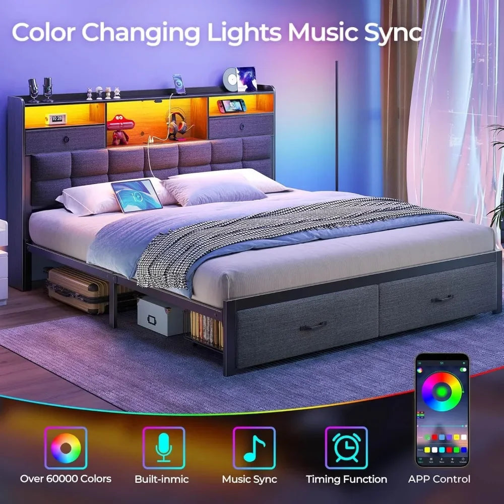 Bed Frame King Size with Drawers and Charging Station, Upholstered Platform Bed with Storage Headboard and LED Light