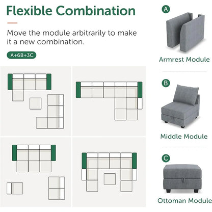 Modular Sofa with Wide Chaise Reversible U Shaped Sectional Couch with Storage Seats for Living Room Sofa