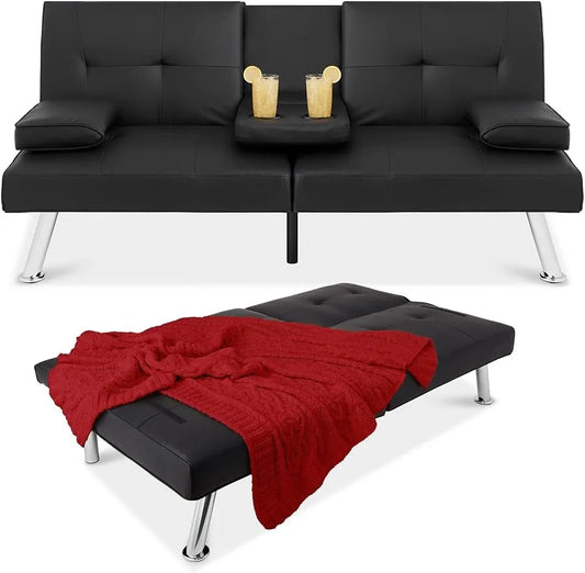 Faux Leather Upholstered Modern Convertible Futon, Adjustable Folding Sofa Bed, Guest Bed w/Removable Armrests